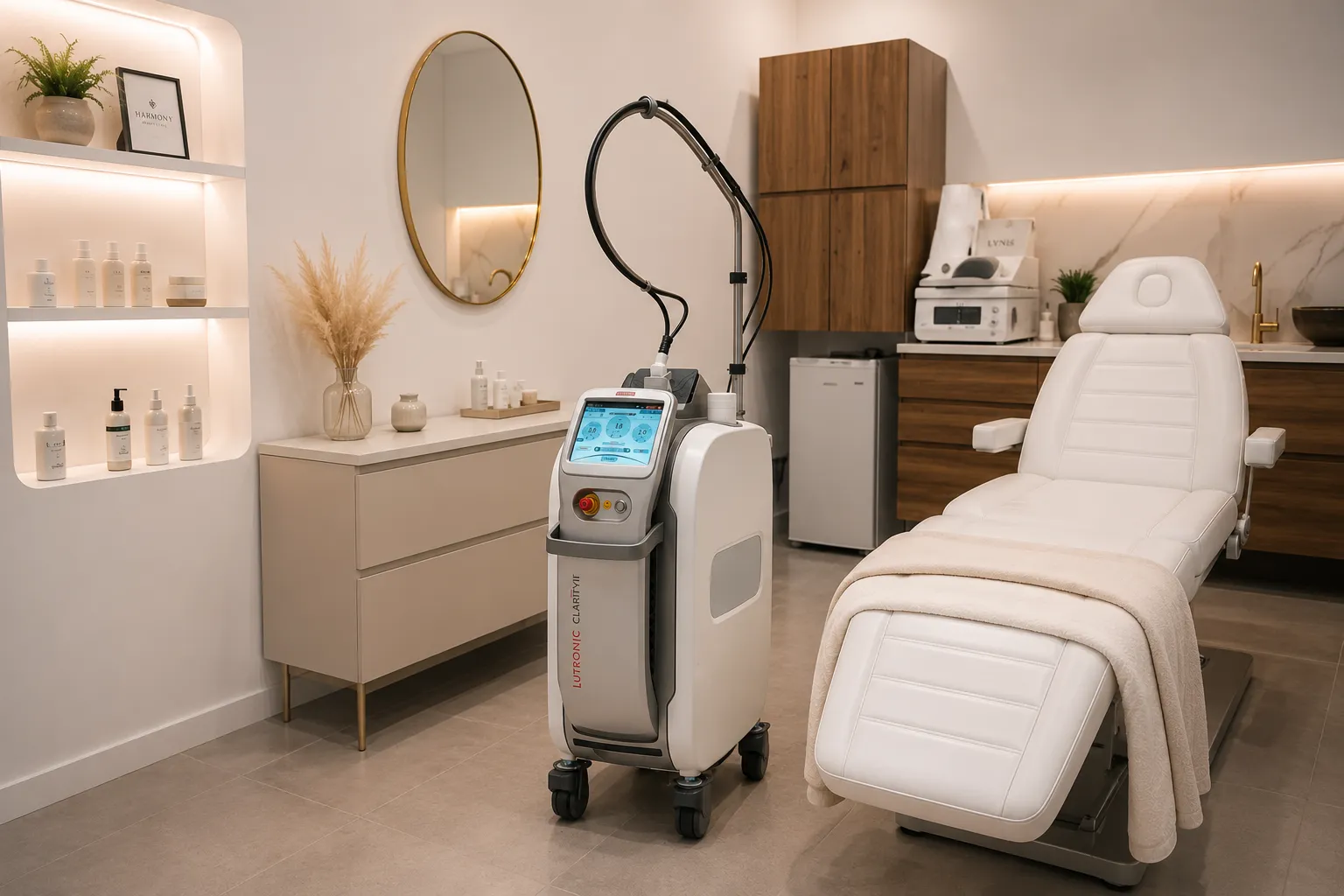 Salle de soin de Harmony Beauty Clinic à Bruxelles, avec le laser Clarity II
